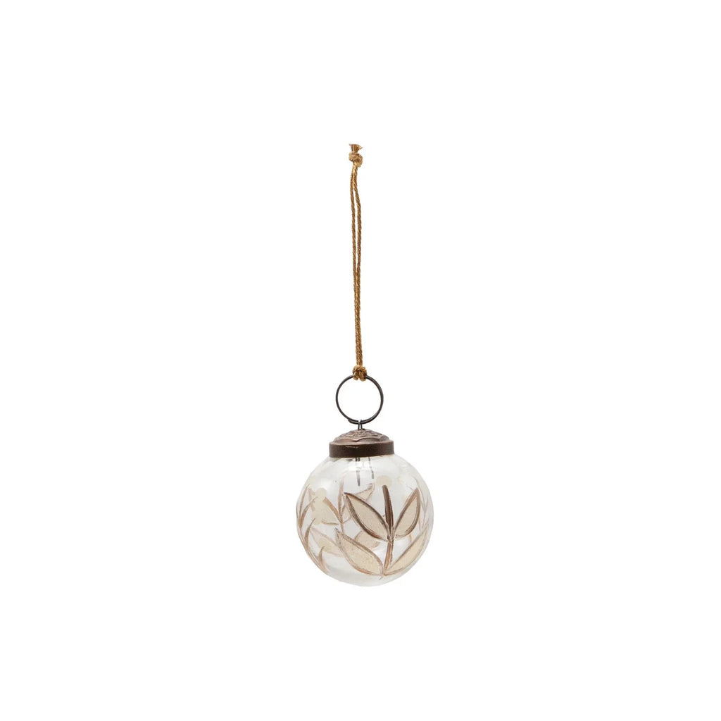 Etched Glass Ball Ornament with Botanicals Design