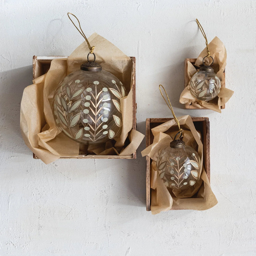 Etched Glass Ball Ornament with Botanicals Design